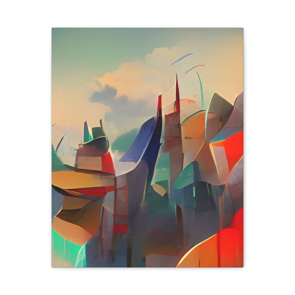 Abstract Cubist City Skyline Sunset Warm Colors Geometric Art Poster