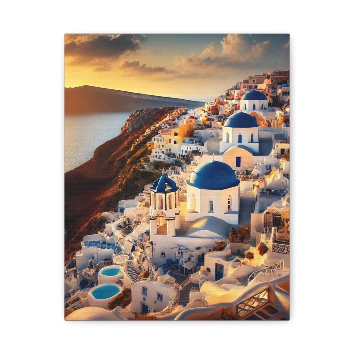 Santorini Greece Blue Dome Churches Sunset Coastal Town View Print