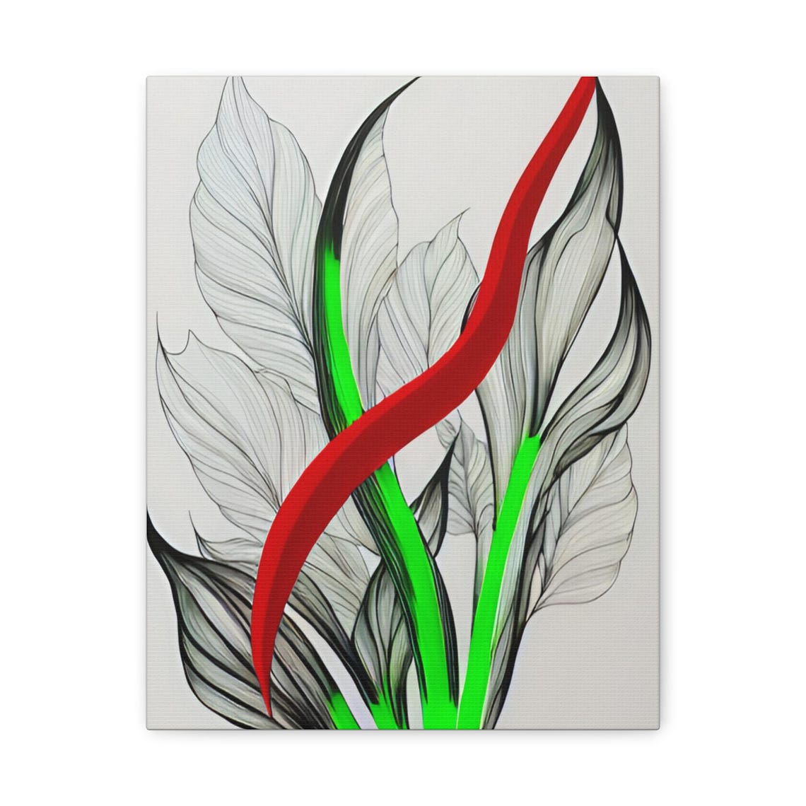 Modern Abstract Botanical Line Art Red Ribbon and Green Stems Poster