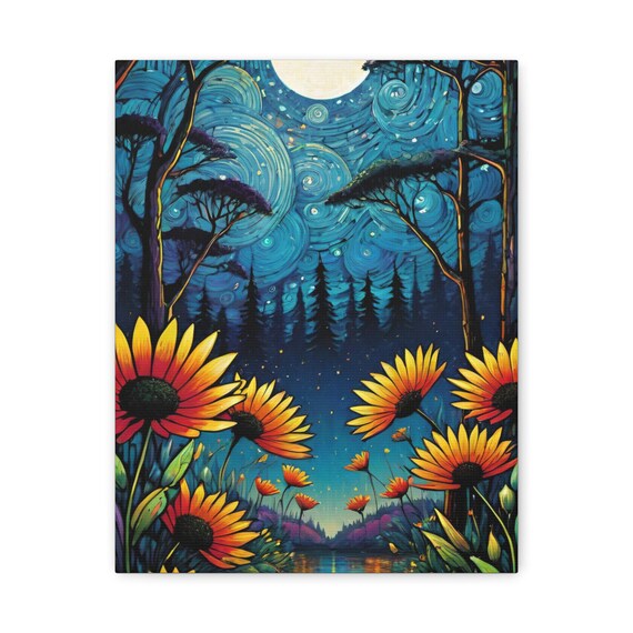 Starry Night Bloom with Orange Flowers Under Swirling Sky Poster