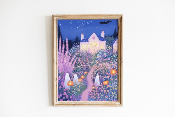 Pink Halloween Garden Wall Art Botanical Print Cute On Flower Meadow Moody Floral Girly Decor For Home