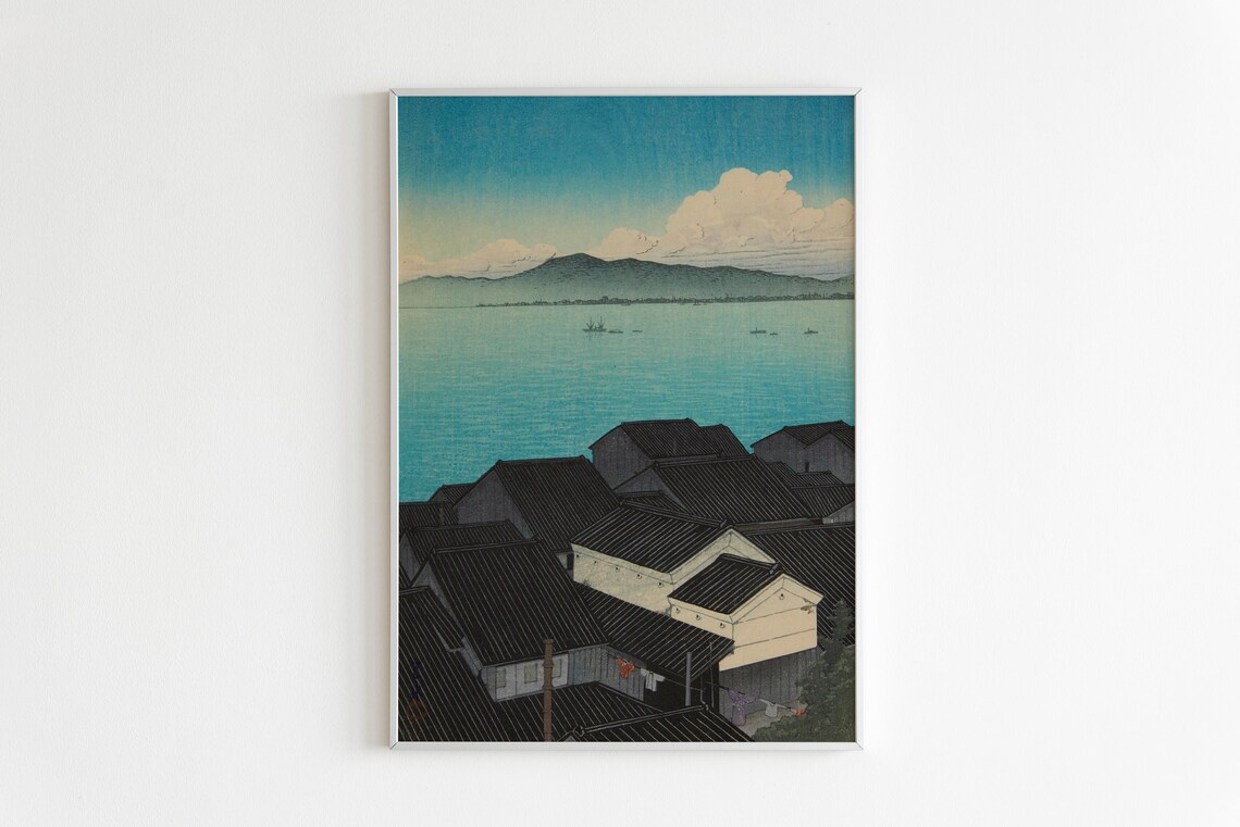 Hasui Kawase Okitsu Cho Suruga 1934 Woodblock Sea Rooftops Art Poster