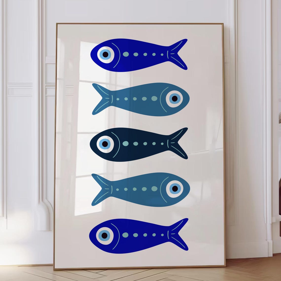Blue Evil Eye Fish Row Coastal Decorative Minimalist Wall Art