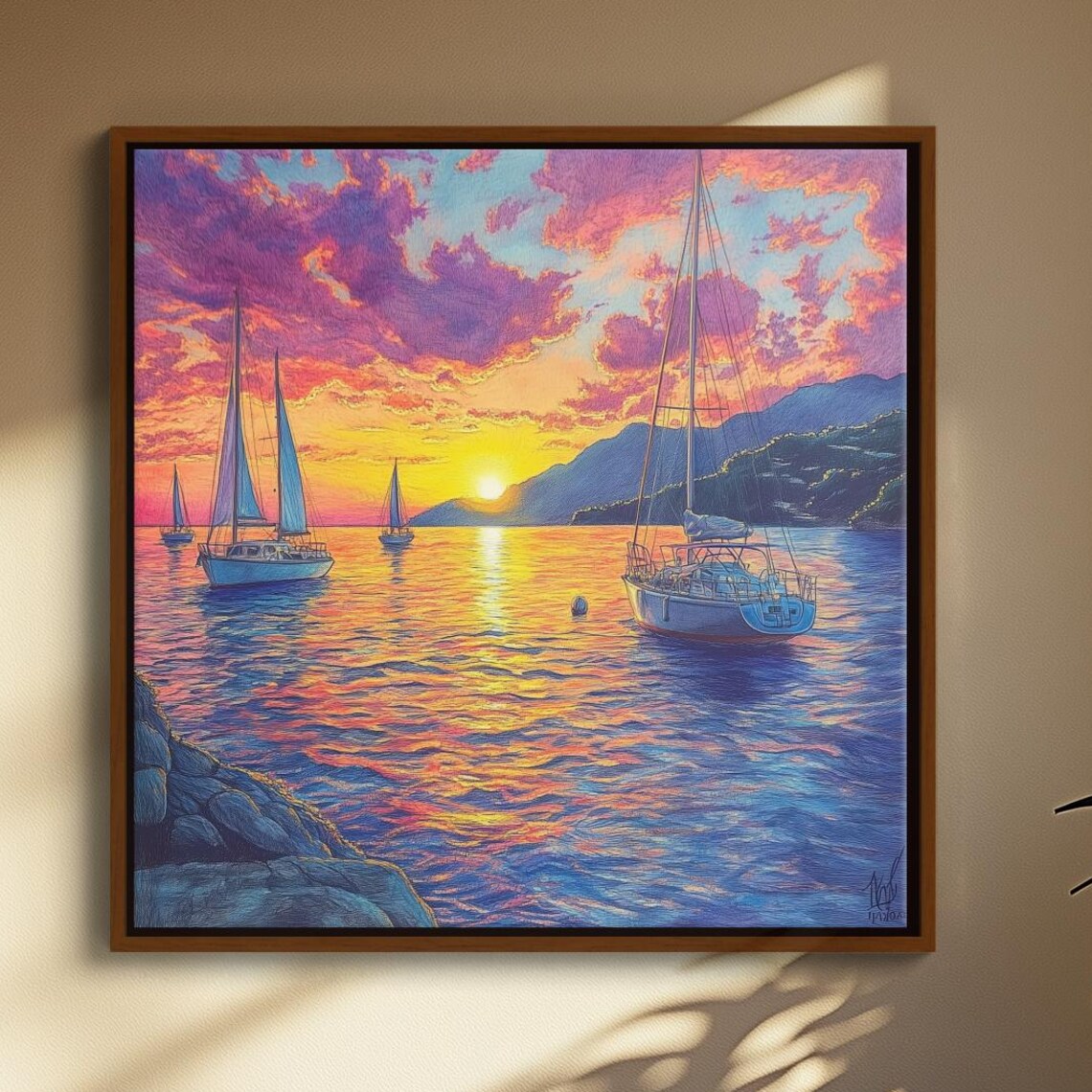 Sailboats Sunset Lake Pink Sky Golden Water Nautical Sailing Art Poster