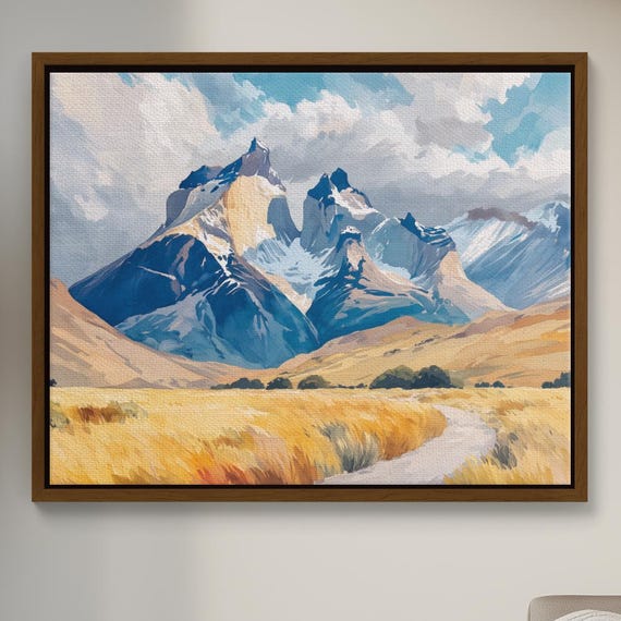 Torres Del Paine Watercolor Windblown Patagonian Peaks Turquoise Lakes Grazing Llamas In Wild Chilean Landscape Mountain Canvas Hanging
