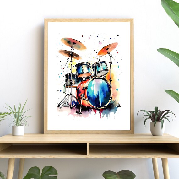 Drum Kit Watercolor, Music Lovers Decor