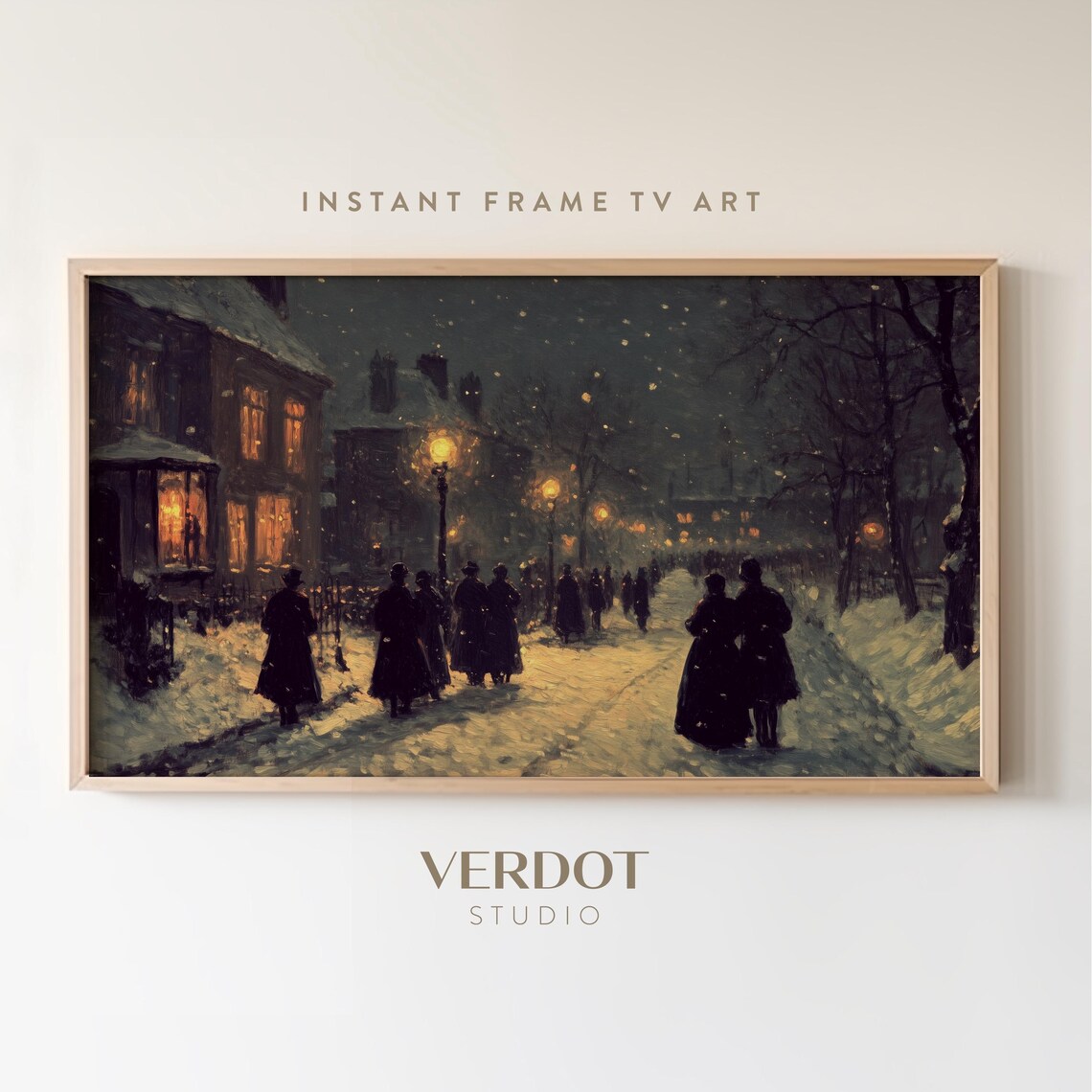 Vintage Town Christmas Art Print, Dark Moody Winter Village