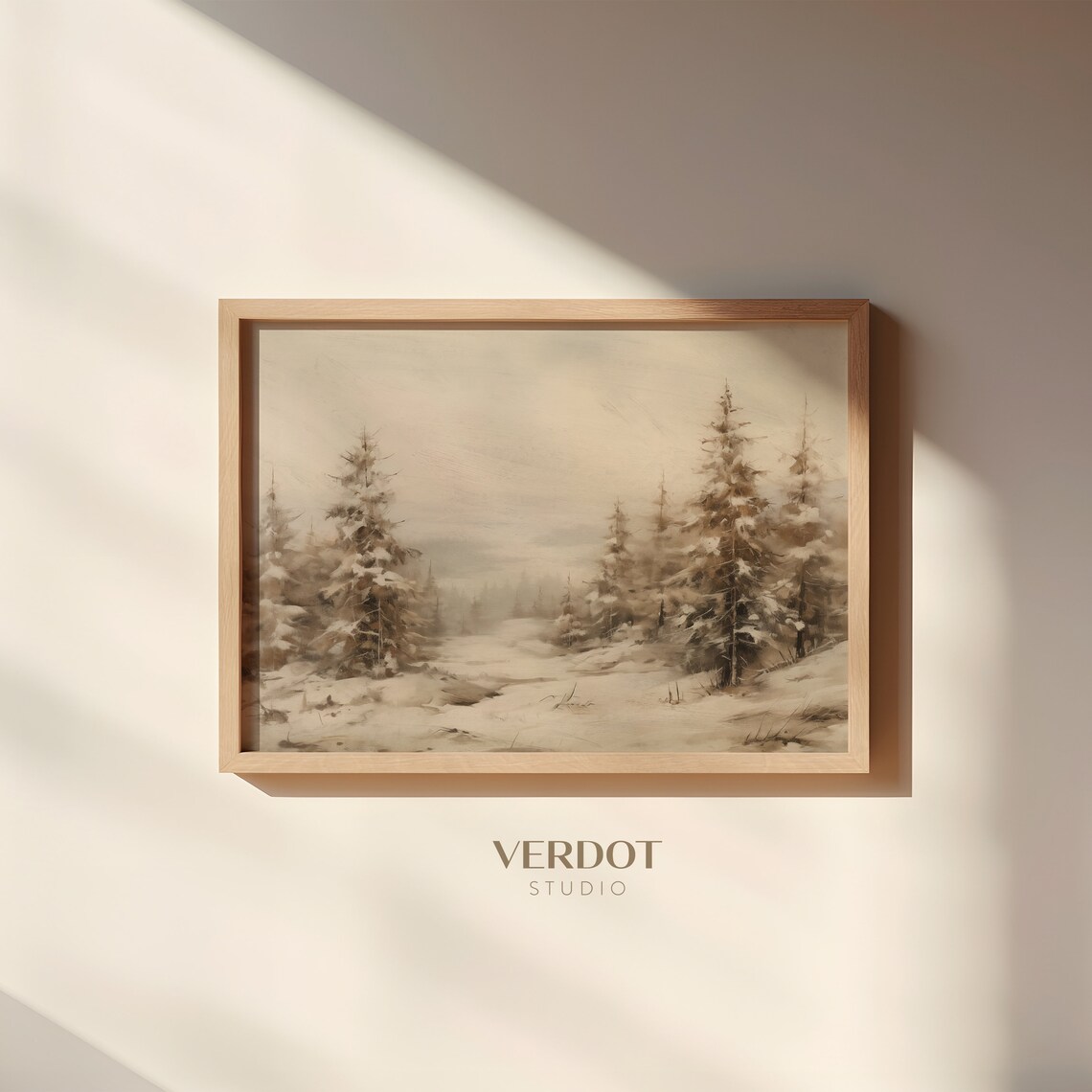 Neutral Vintage Winter Forest Landscape Art Print - Image 4