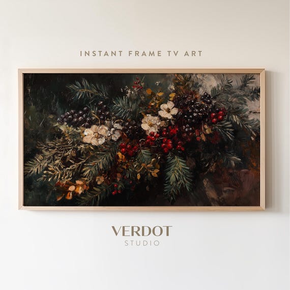 Vintage Christmas Flowers Art Print, Evergreen Floral