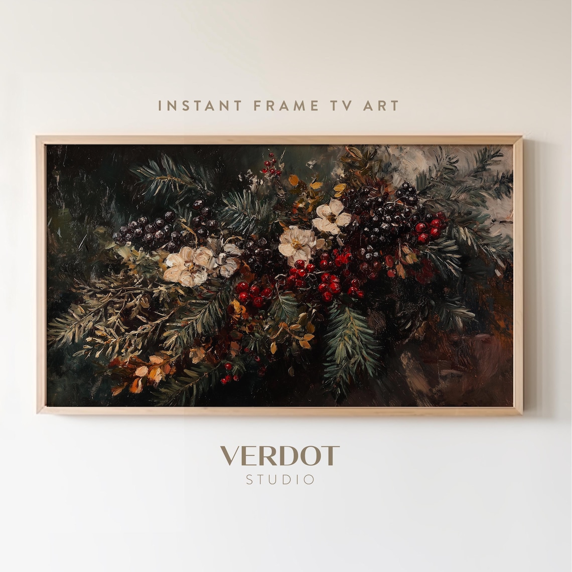 Vintage Christmas Flowers Art Print, Evergreen Floral