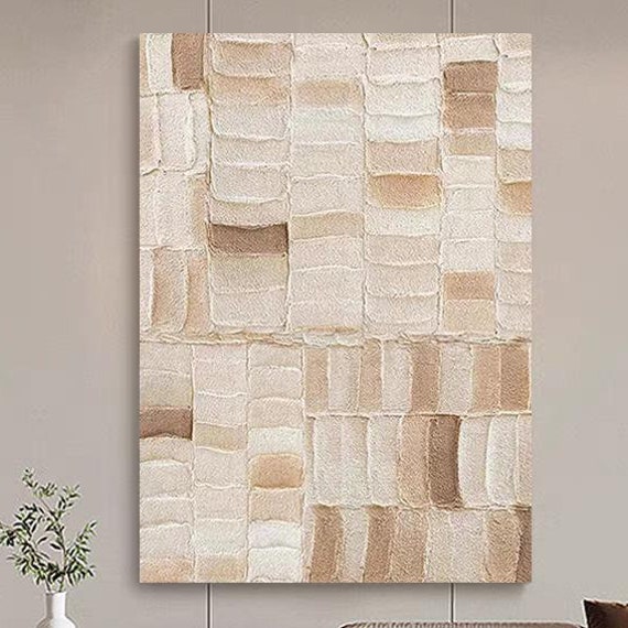Artistic Beige Checker Painting Abstract Handmade Acrylic Art Regular Squares Artwork Perfect Bed Room Wall Decor Textured Art
