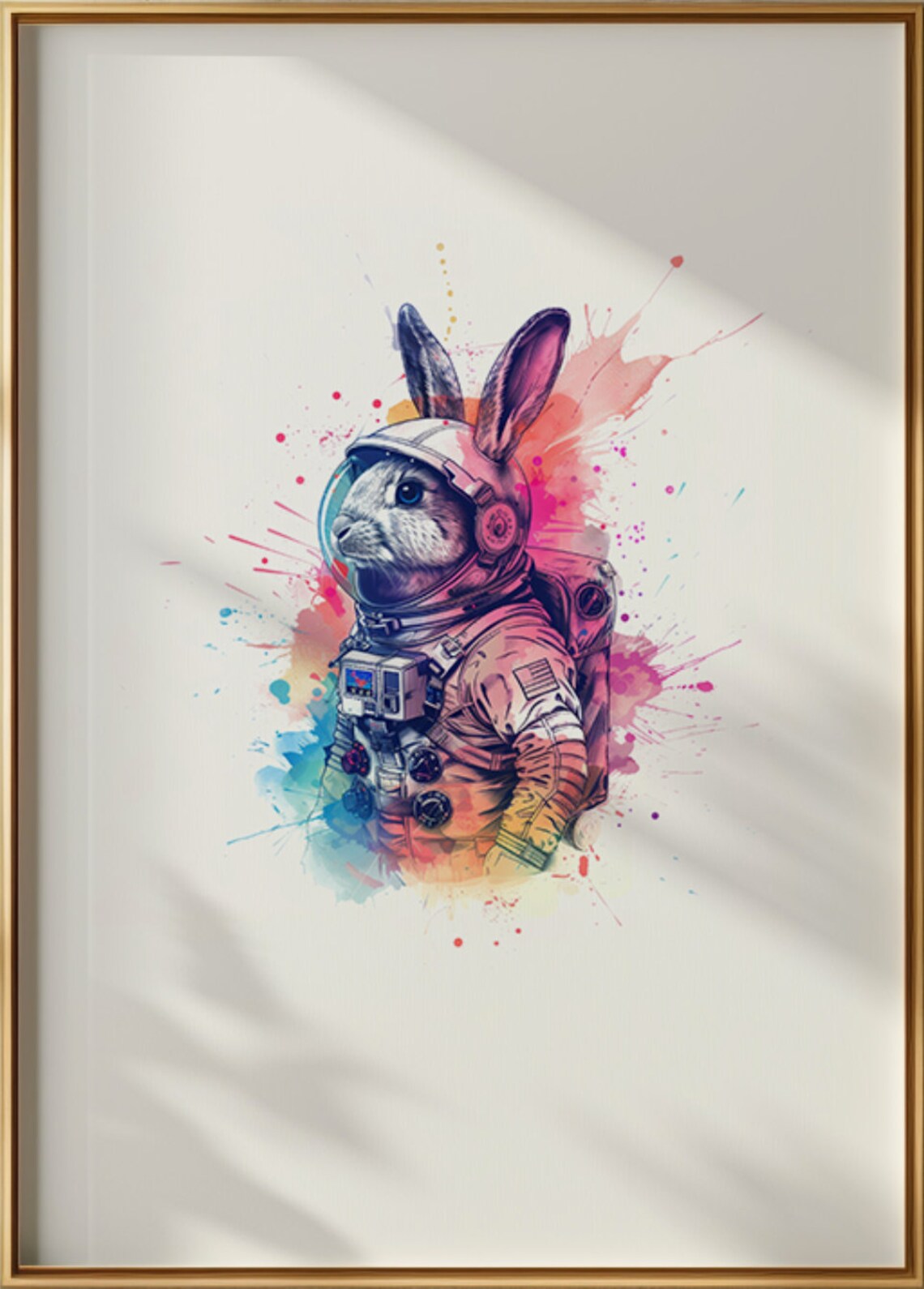White Rabbit Astronaut Watercolor Ears Out Helmet Animal Art Poster - Image 3