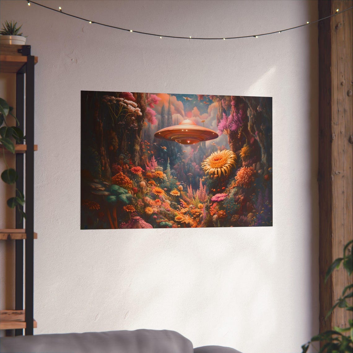 Glowing UFO Over Psychedelic Flower Canyon Alien World Poster - Image 2