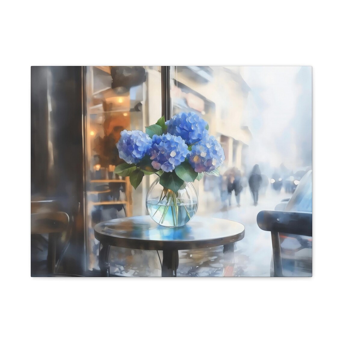 Fresh Blue Hydrangeas by Rainy Cafe Window Watercolor Art Poster - Image 2