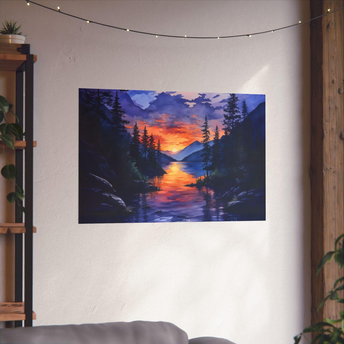 Purple Sunset Over Pine Forest Lake Rocky Shoreline Landscape Poster - Image 2