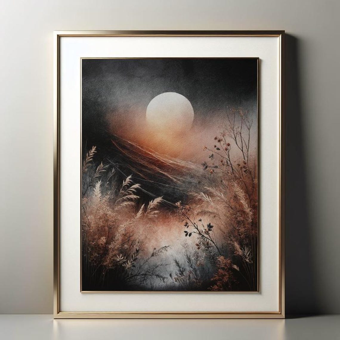 Full Moon Misty Marsh Night Grasses Moody Landscape Art Poster - Image 2