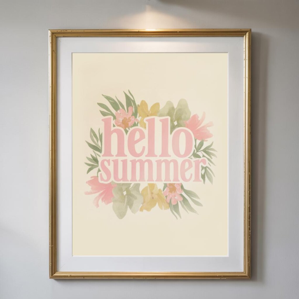 Hello Summer Pink Block Letters Floral Circle Watercolor Joy Print