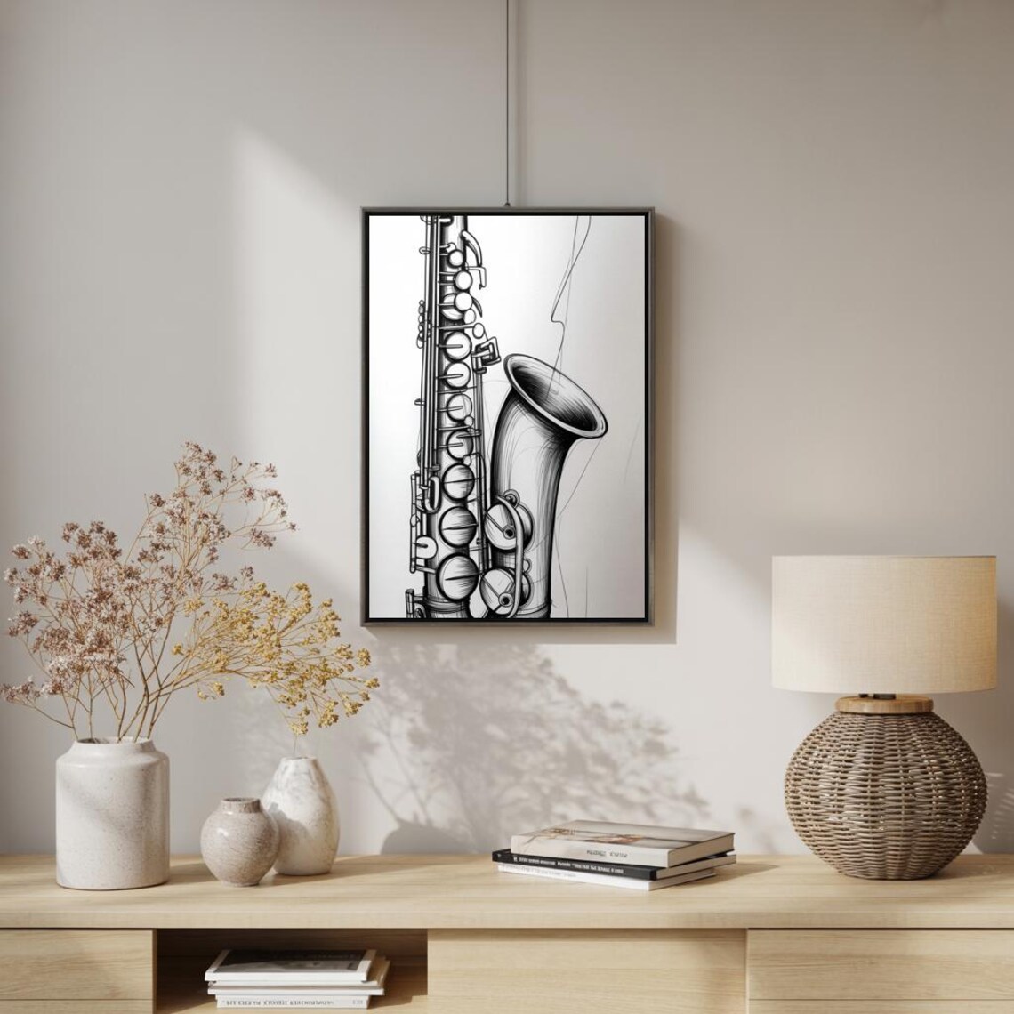 Black And White Saxophone Sketch Jazz Music Art Print - Image 2