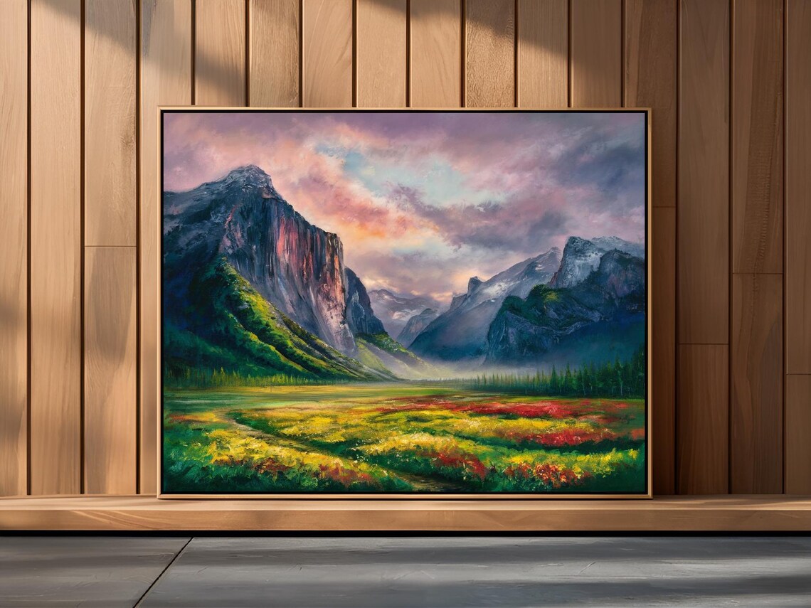 Wildflower Meadow Mountain Valley Sunset Oil Painting Poster - Image 3