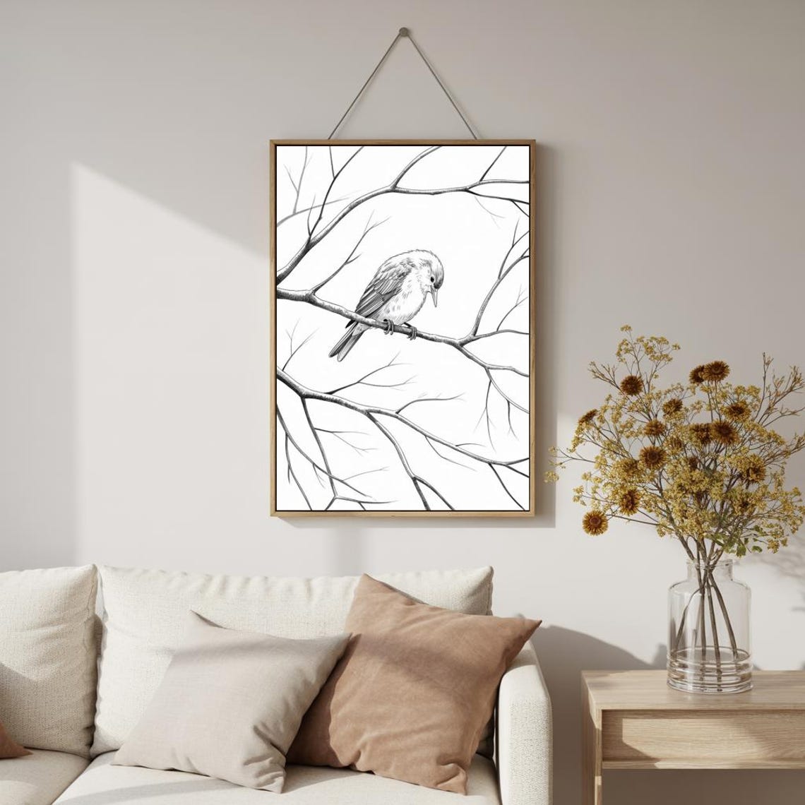 Solitary Bird On Bare Branch Minimal Ink Line Sketch Wall Art - Image 2