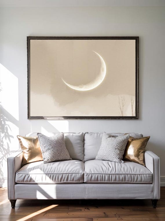 Crescent Moon Art Print Dreamy Lunar Illustration Minimalist Night Sky Wall Soft Beige