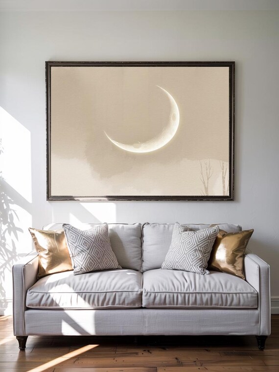 Dreamy Crescent Moon Soft Beige Watercolor Minimalist Night Sky Poster