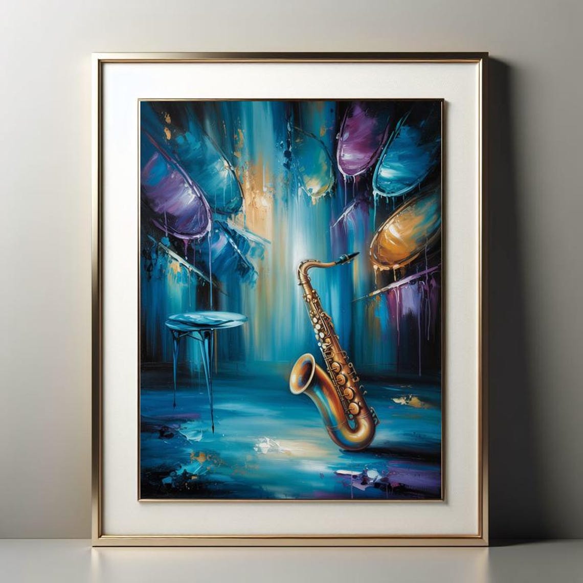 Blue and Gold Abstract Saxophone With Painted Music Shapes Poster