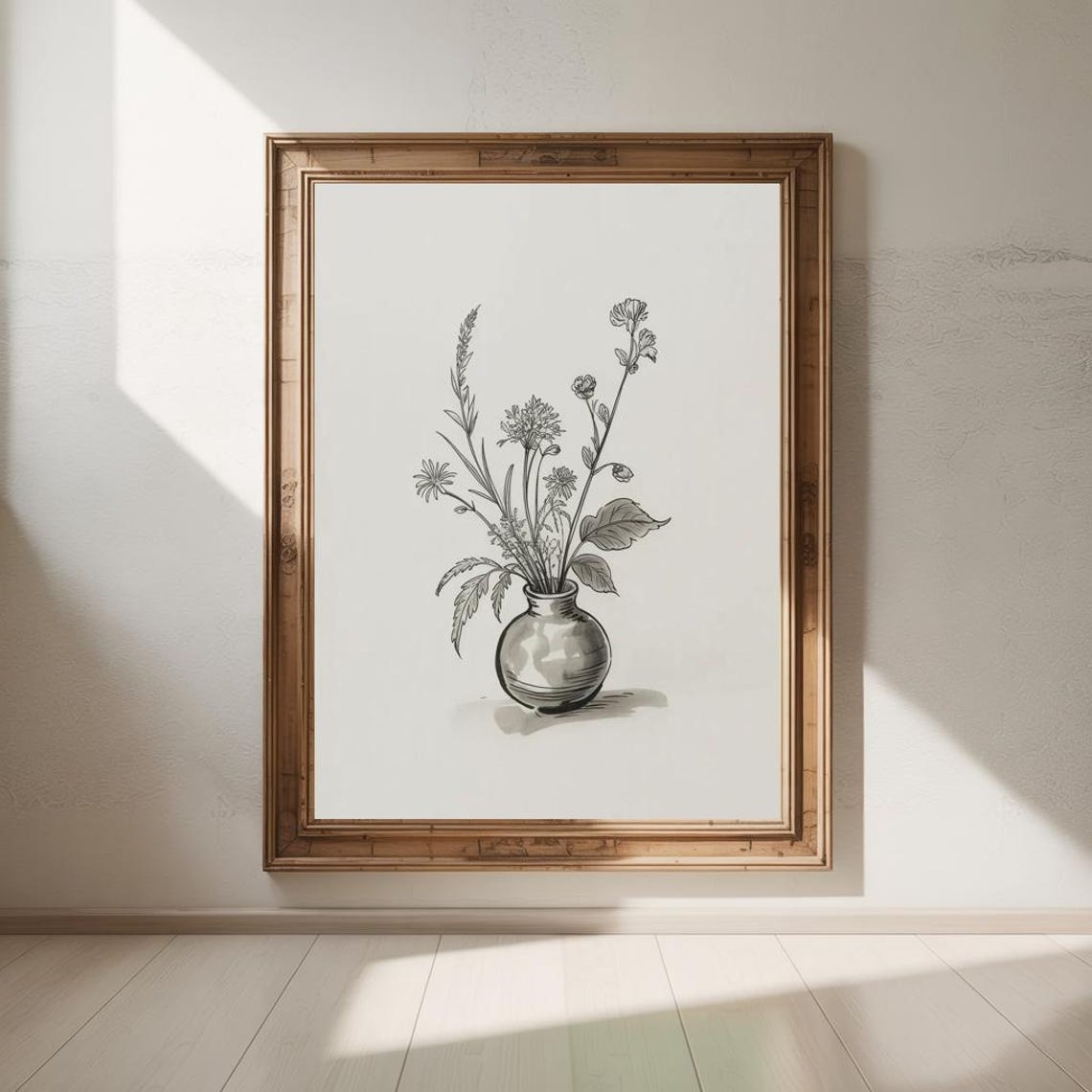 Rustic Ink Botanical Wildflowers In Small Vase Line Art Poster - Image 3