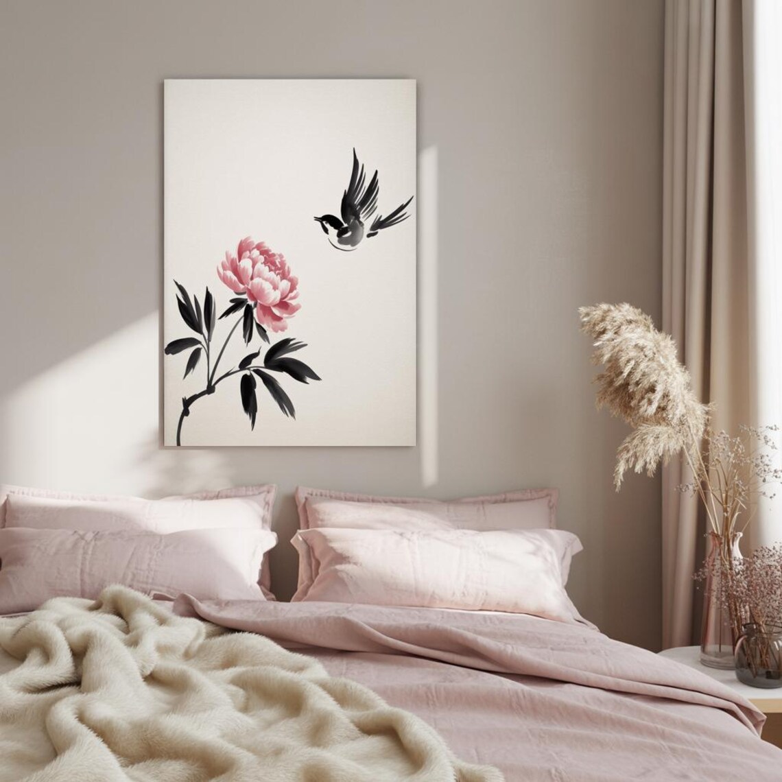 Flying Bird And Blossom Minimal Japanese Ink Style Art Poster - Image 3