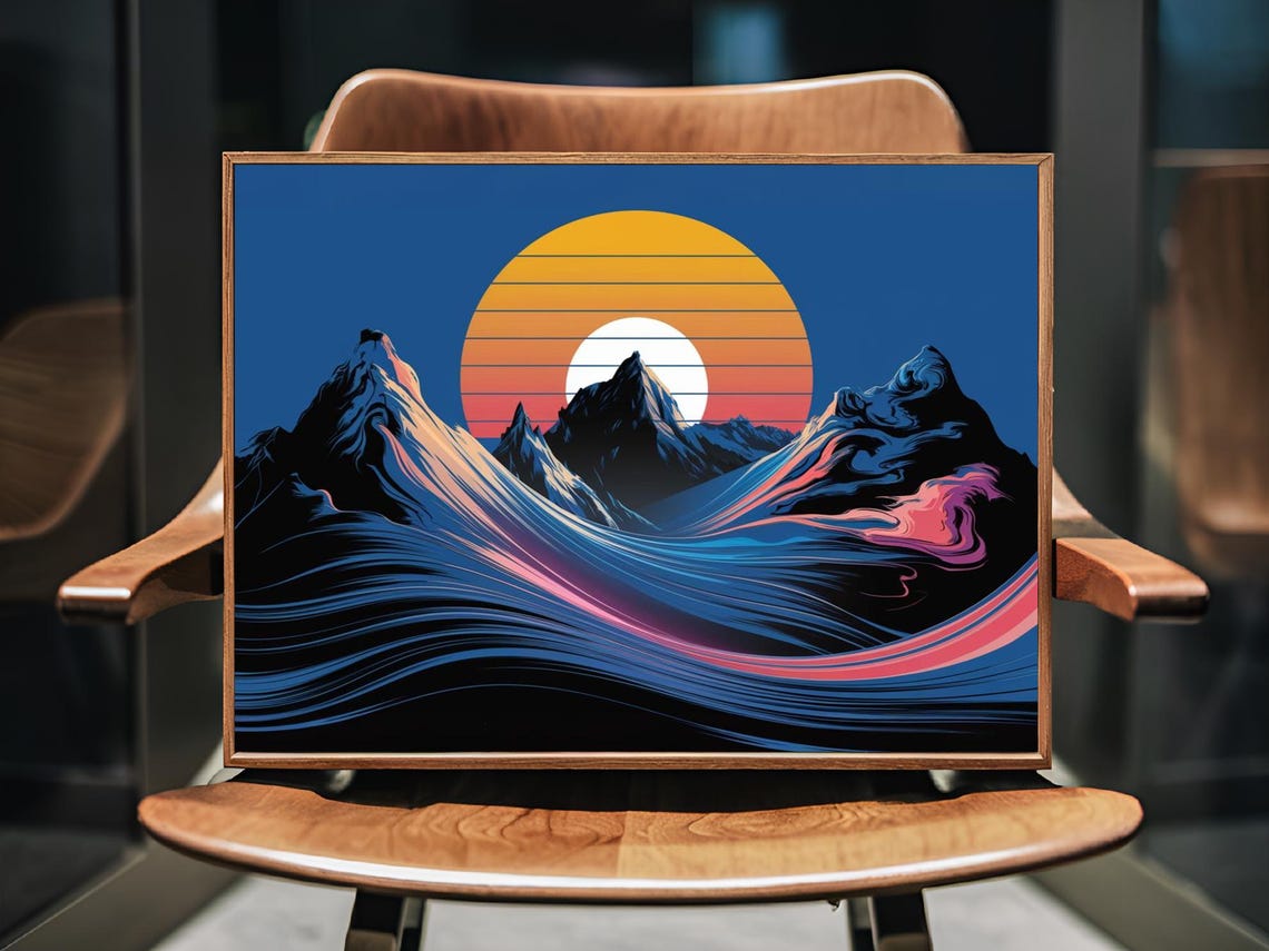 Retro Synthwave Mountain Sunset Orange Striped Sun Art Poster