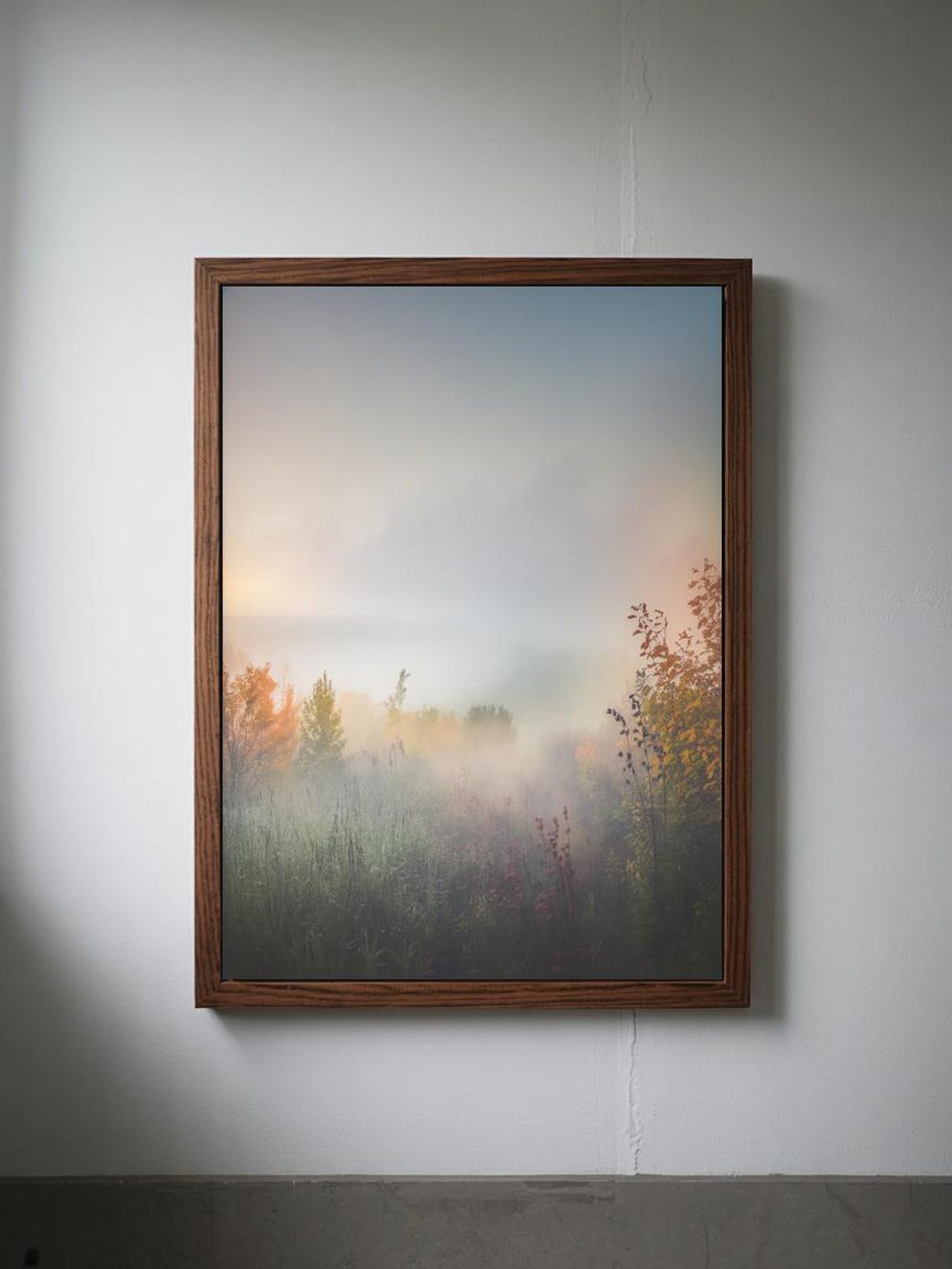 Misty Morning Meadow Foggy Grass Field Soft Autumn Light Poster