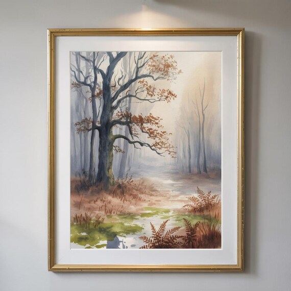 Enchanted Misty Autumn Forest Watercolor Tree Path Art Poster