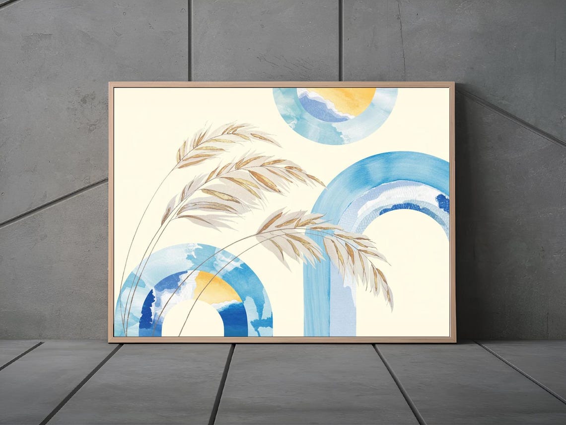 Blue Gold Rainbow Arches Wheat Stalks Watercolor Minimal Poster