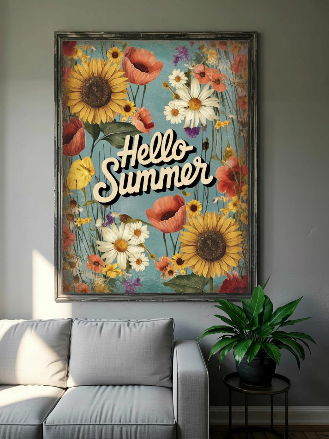 Hello Summer Retro Wildflower Field Teal Vintage Typography Poster - Image 2