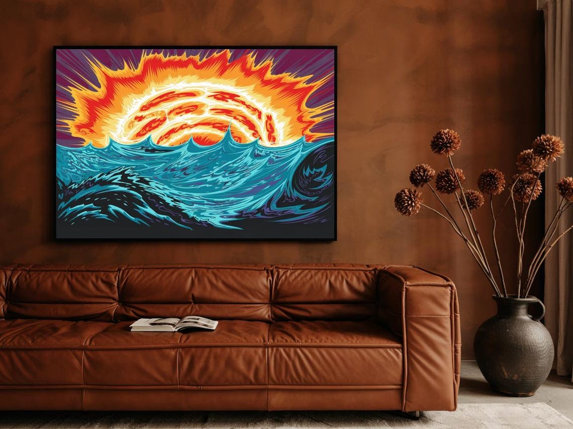 Blazing Fiery Sun Over Teal Ocean Waves Bold Pop Art Sunset Poster - Image 3