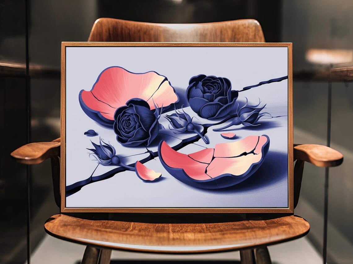 Indigo Blue Dried Roses With Cracked Pink Petals Floral Wall Art - Image 2