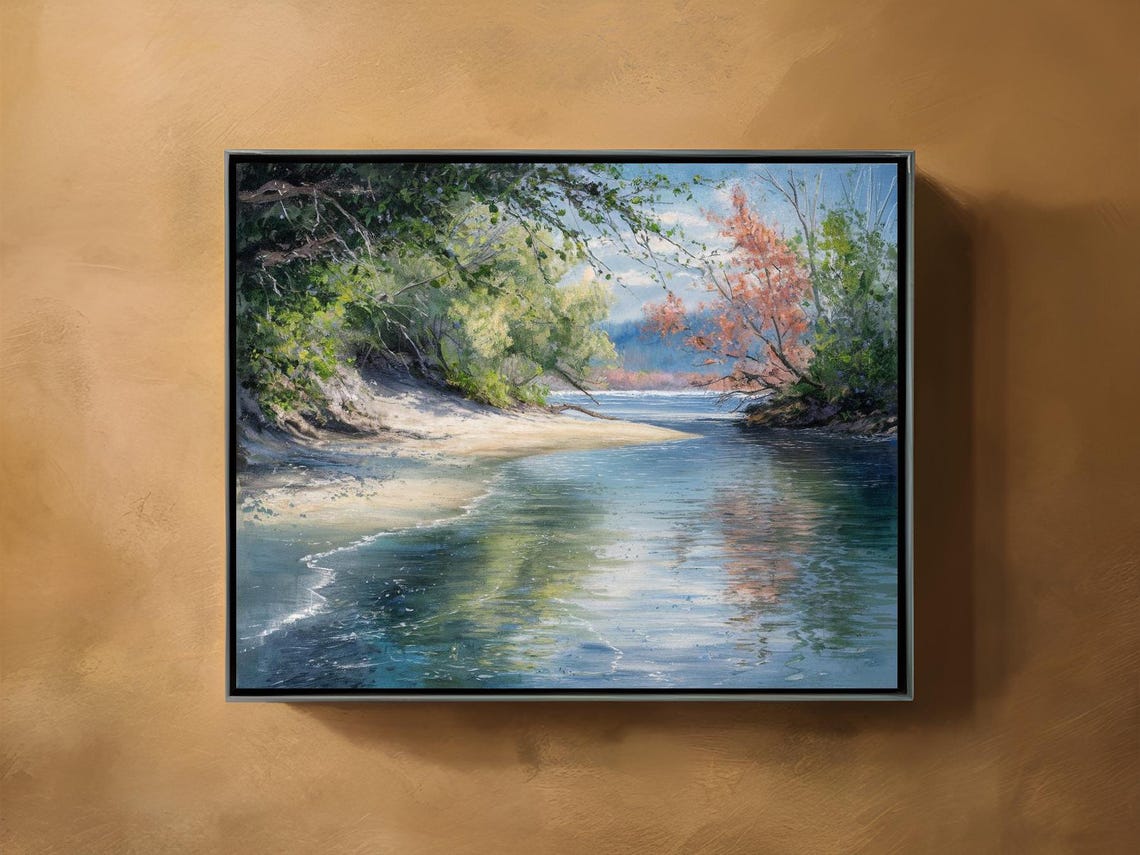 River Bend Sandy Shore Lush Trees Impressionist Water Landscape Print - Image 3