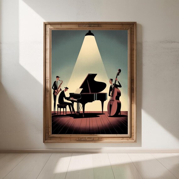 Retro Jazz Trio With Piano Saxophone and Bass on Stage Poster