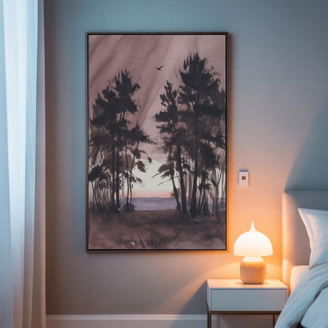 Dusky Pink Pine Forest Lakeshore Ink Wash Romantic Landscape Poster - Image 2
