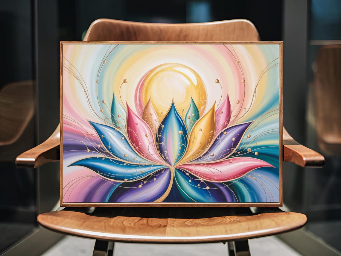 Golden Orb Lotus Bloom Rainbow Petals Pastel Floral Wall Art - Image 2