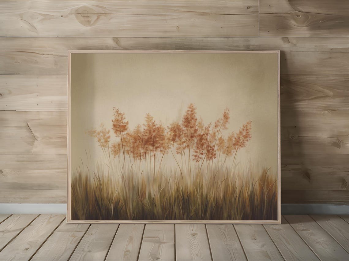 Golden Swaying Tall Grass Plumes on Beige Minimalist Wall Art - Image 3