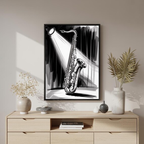 Monochrome Saxophone Standing in a Dramatic Spotlight Beam Poster