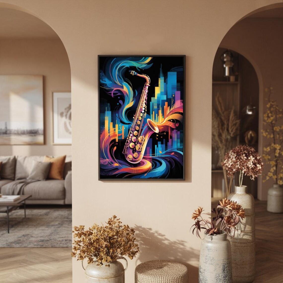 Colorful Saxophone Over Night City Skyline in Vivid Hues Poster - Image 3