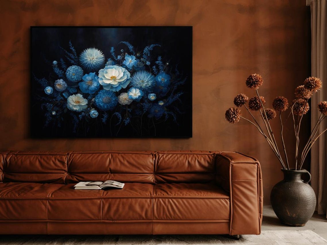 Blue Floral Bouquet Black Background Moody Elegant Flower Poster