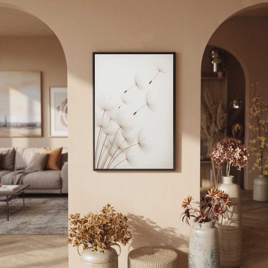 Dandelion Seeds In Flight Minimalist White Nature Art Poster - Image 2