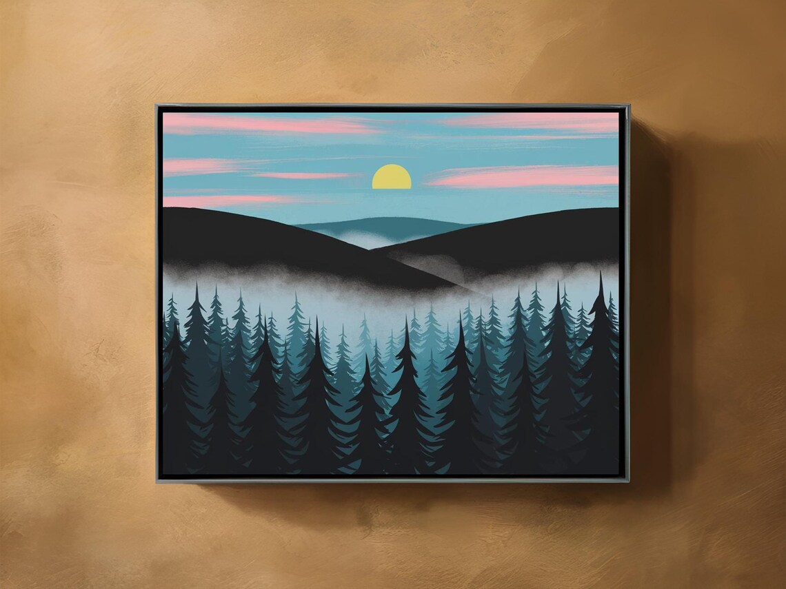Misty Pine Forest Sunrise Fog Pastel Sky Evergreen Tree Poster