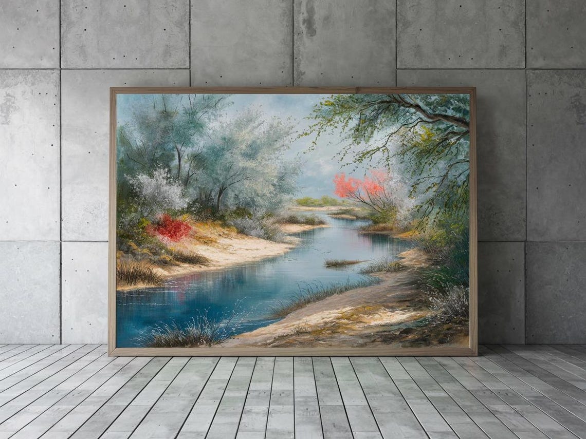 Serene Winding Stream Soft Trees Sandy Banks Impressionist Poster - Image 3