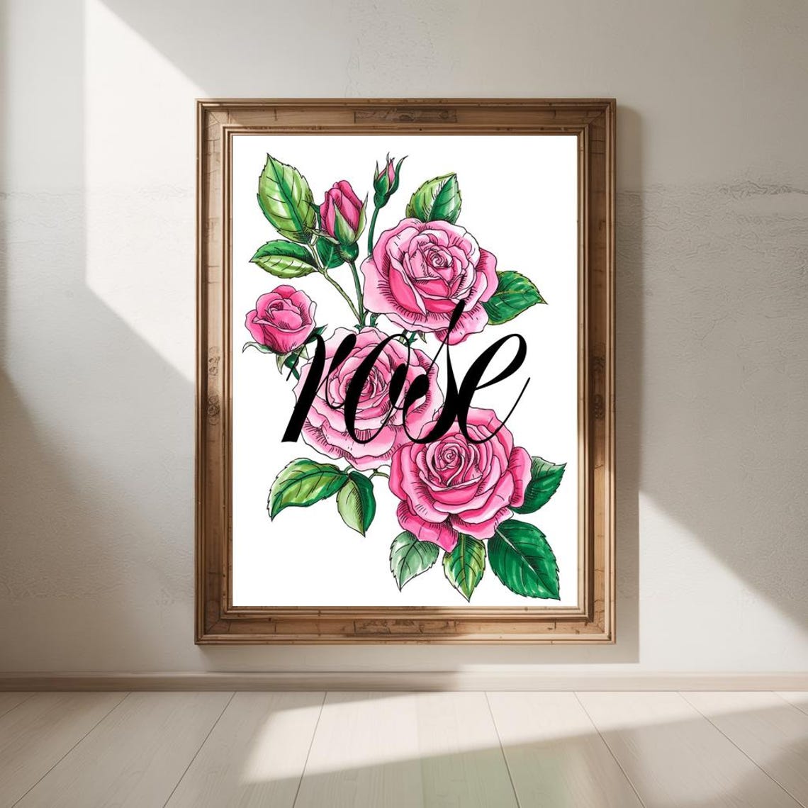 Pink Rose Botanical Script Typography Rose Lettering Wall Poster