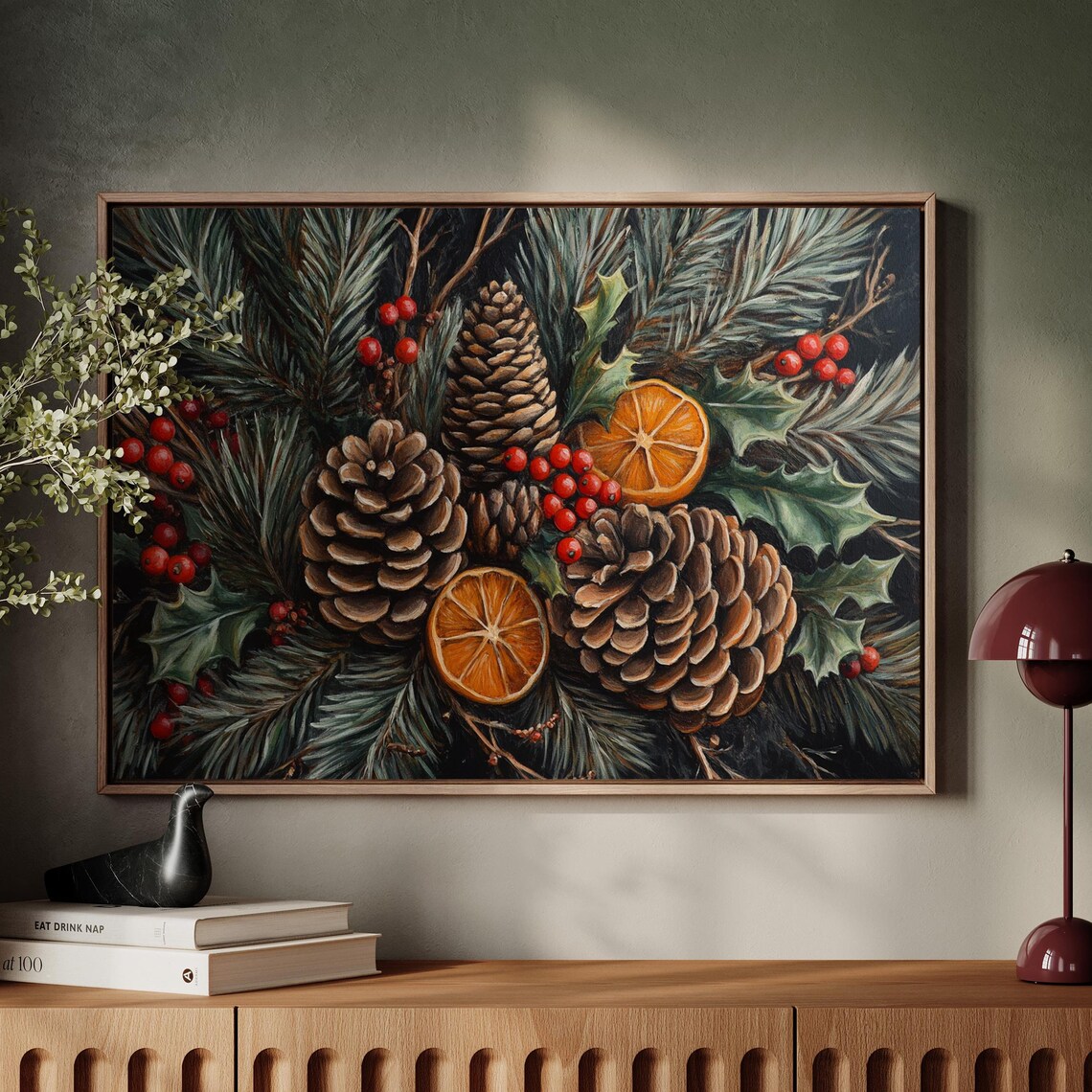 Holiday Pinecone Holly Berries Orange Slices Rustic Christmas Poster