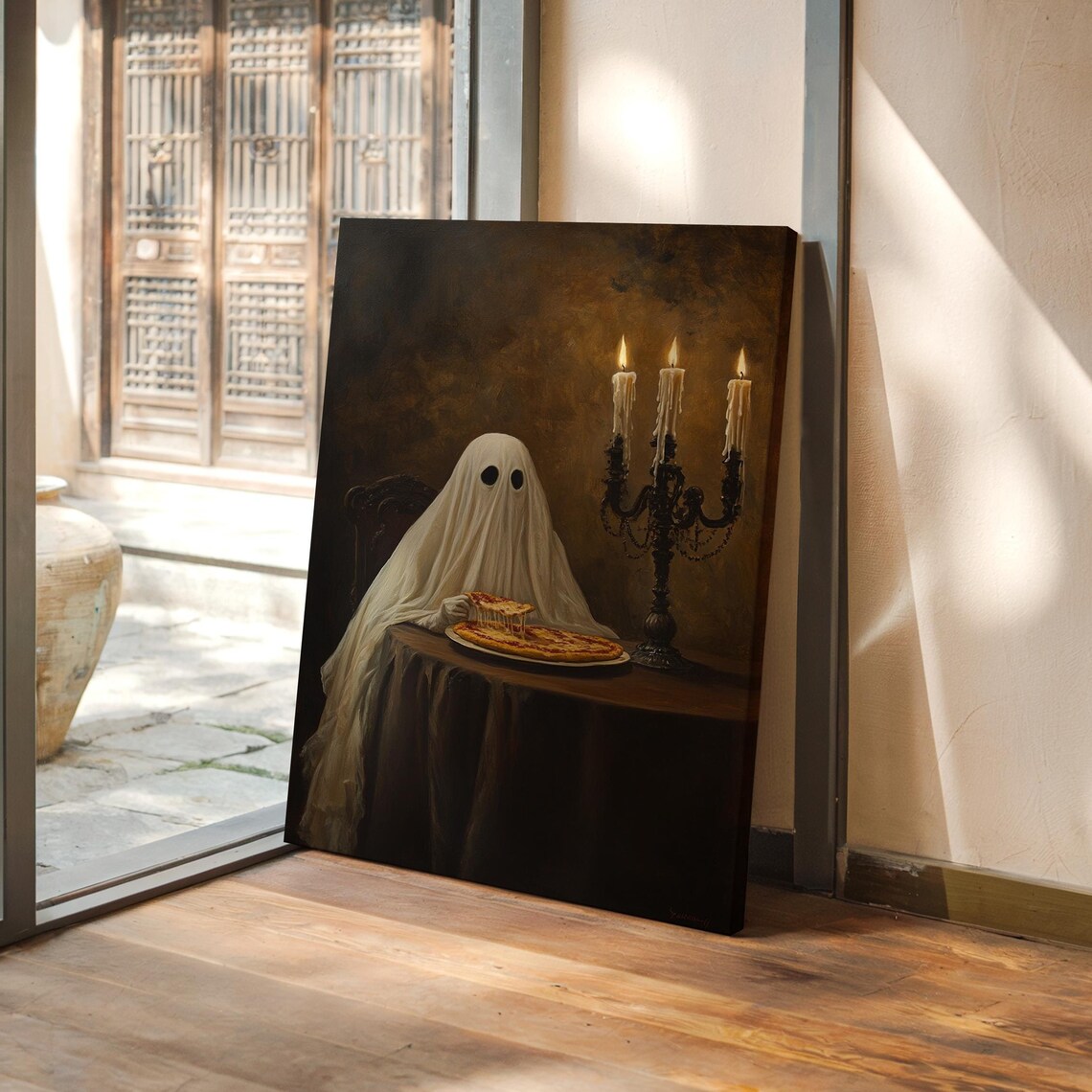 Ghost Enjoying Pizza Slice Candlelit Halloween Gothic Spooky Art Poster